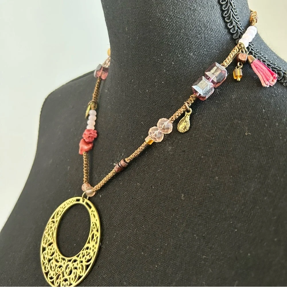 Chico’s Gold Pendant Beaded Statement Necklace